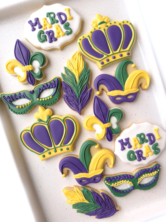 Mardi gras birthday, mardi gras mask, feather, fleur de lis, mardi gras crown, balloon bunch, cookies