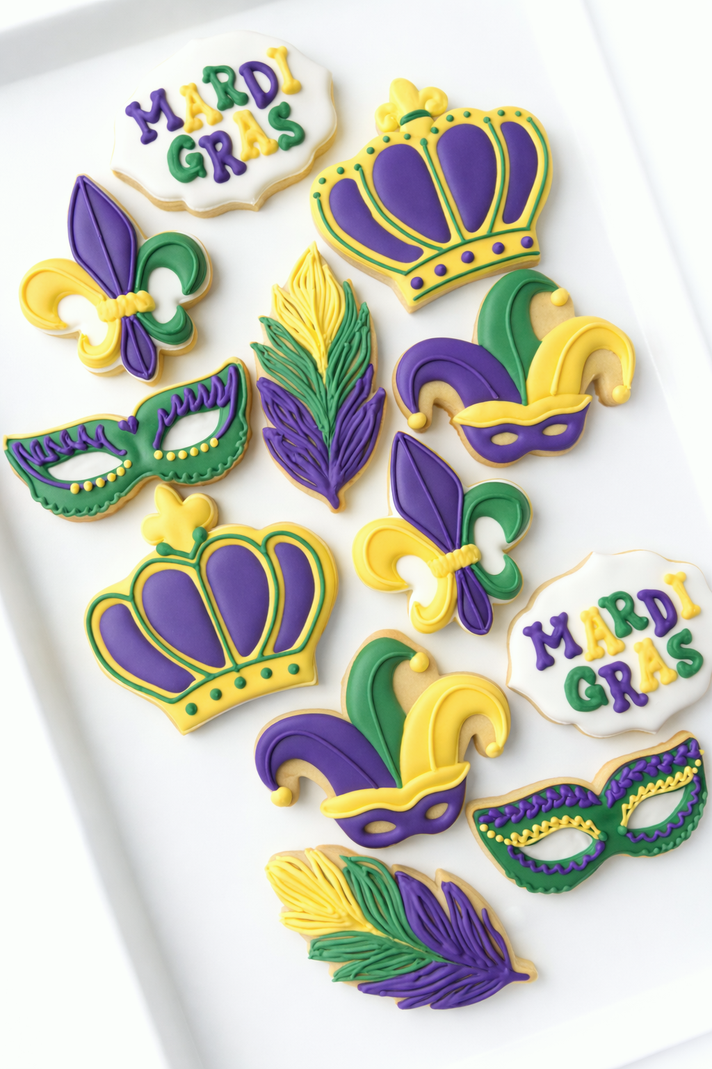 Mardi gras birthday, mardi gras mask, feather, fleur de lis, mardi gras crown, balloon bunch, cookies