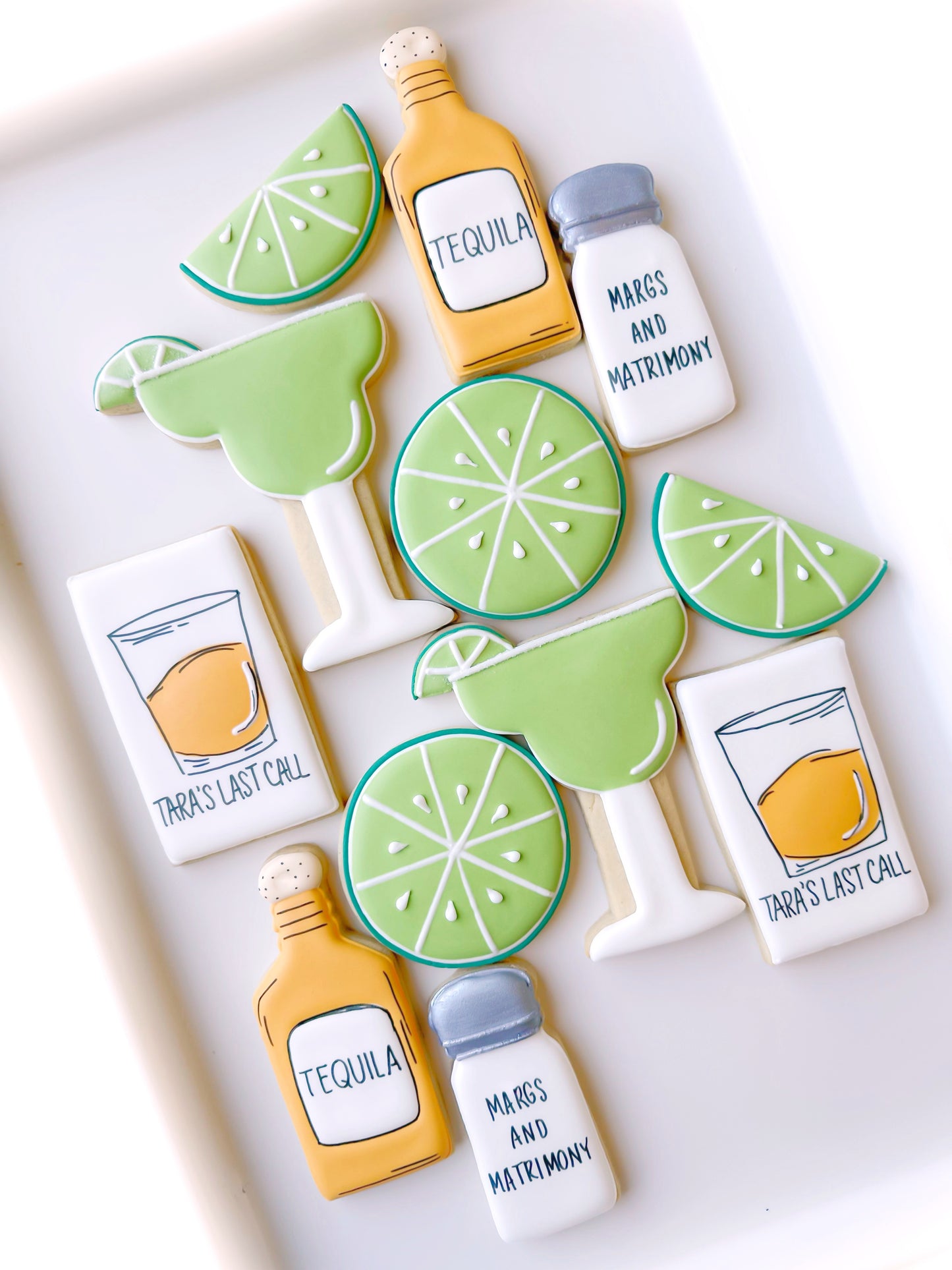 tequila, margarita, lime wedges, tequila shots, tequila birthday, birthday cookies margs and matrimony bridal wedding shower cookies