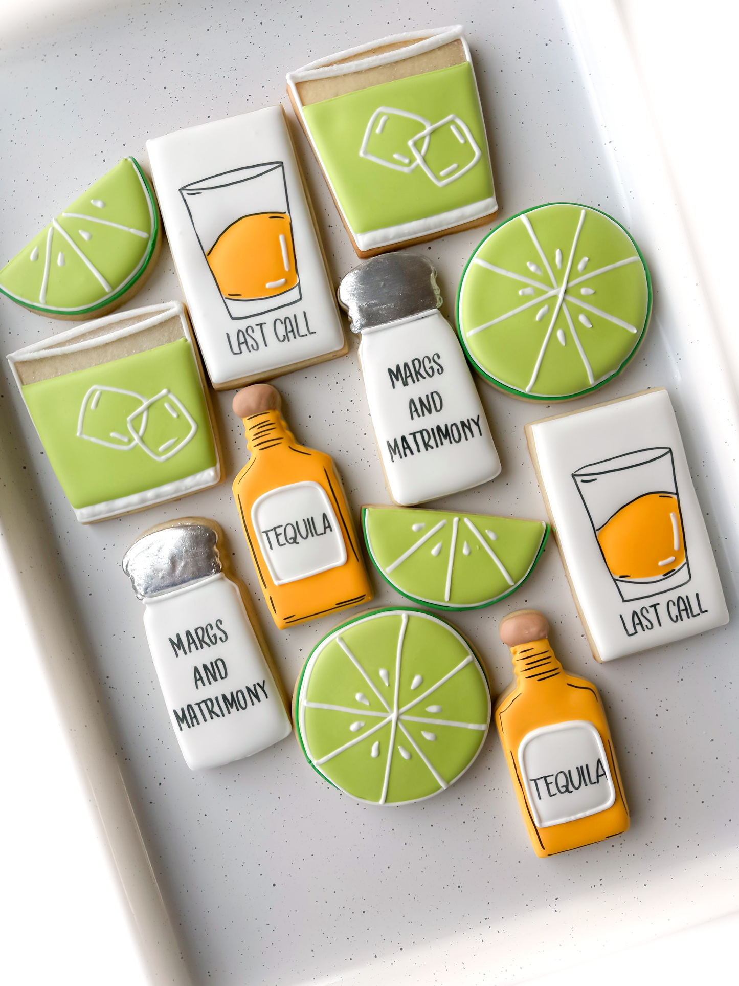 tequila, margarita, lime wedges, tequila shots, tequila birthday, birthday cookies margs and matrimony bridal wedding shower cookies