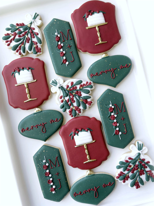merry me, mistletoe, christmas wreath, engagement ring, ornaments, christmas cookies