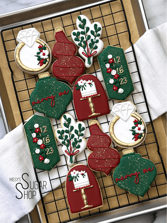 merry me, mistletoe, christmas wreath, engagement ring, ornaments, christmas cookies
