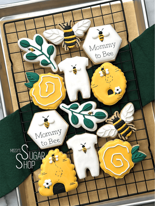 bumble bee, daisy, romper, rattle, honeycomb, mommy to bee baby shower cookies, beehive, what will baby bee, leaves and flowers bees