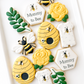 bumble bee, daisy, romper, rattle, honeycomb, mommy to bee baby shower cookies, beehive, what will baby bee, leaves and flowers bees
