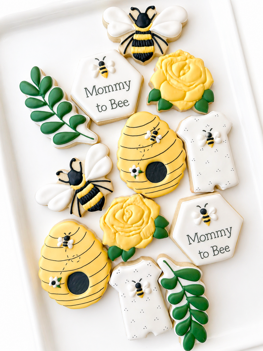 bumble bee, daisy, romper, rattle, honeycomb, mommy to bee baby shower cookies, beehive, what will baby bee, leaves and flowers bees