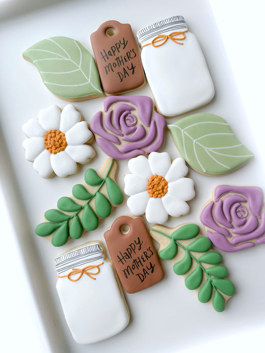 mother's day bouquet cookie thank you flowers bouquet, mason jar, thinking of you cookies, thank you cookies, get well cookies, i love you cookies, flower bouquet cookies, get well, thinking of you flower bouquet cookies