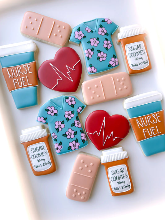 nurse shirt, doctor coat, heart with heartbeat line, stethoscope, and thanks, nurse appreciation cookies, nurse fuel coffee