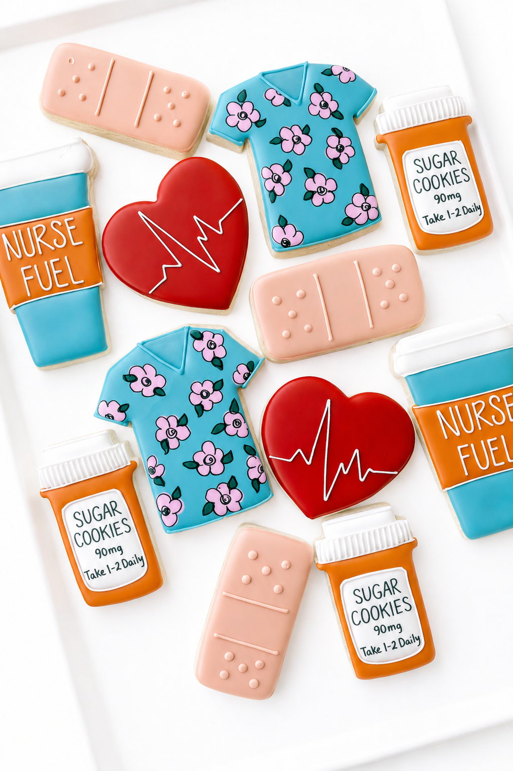 nurse shirt, doctor coat, heart with heartbeat line, stethoscope, and thanks, nurse appreciation cookies, nurse fuel coffee