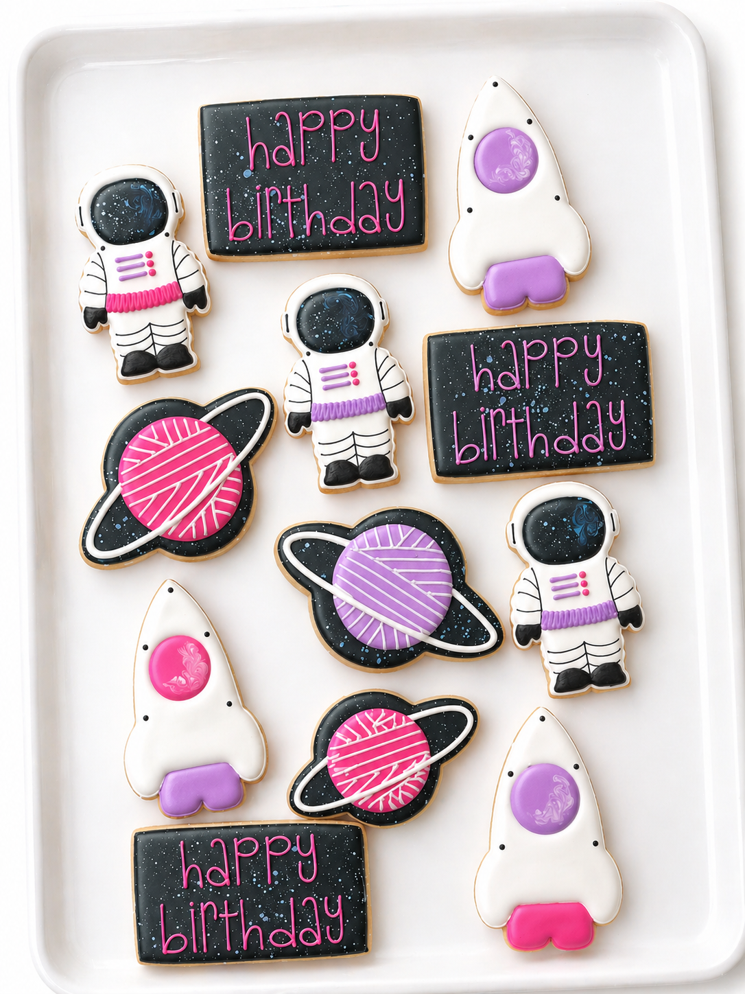Astronaut, saturn, rocket ship, happy birthday space cookies, out of this world