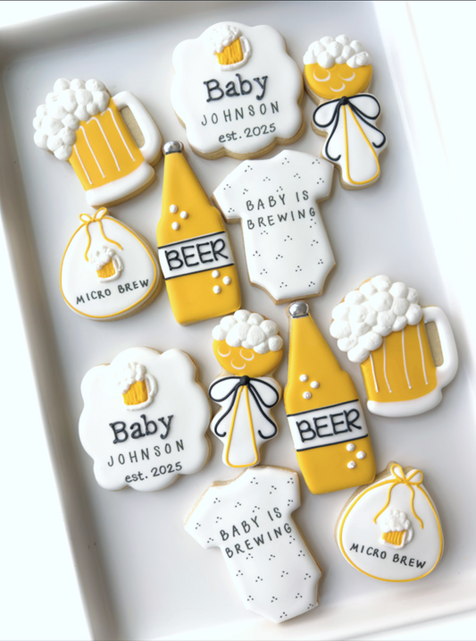 baby is brewing, micro brew, beer, baby rattle, bib, onesie, baby shower cookies