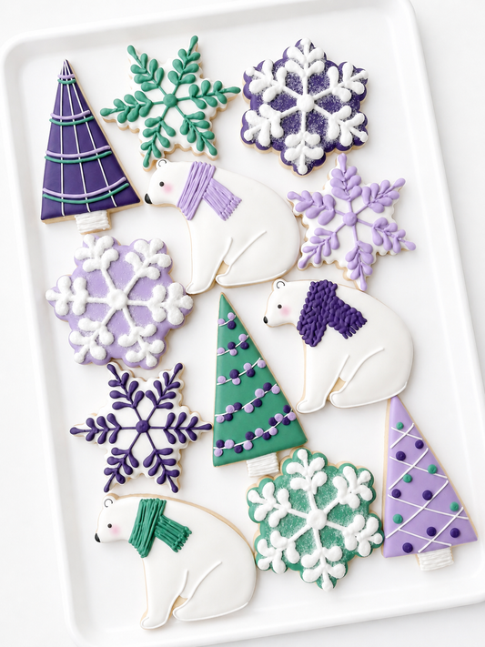 Polar bear with scarf, snowflake cookies christmas winter decorated cookies