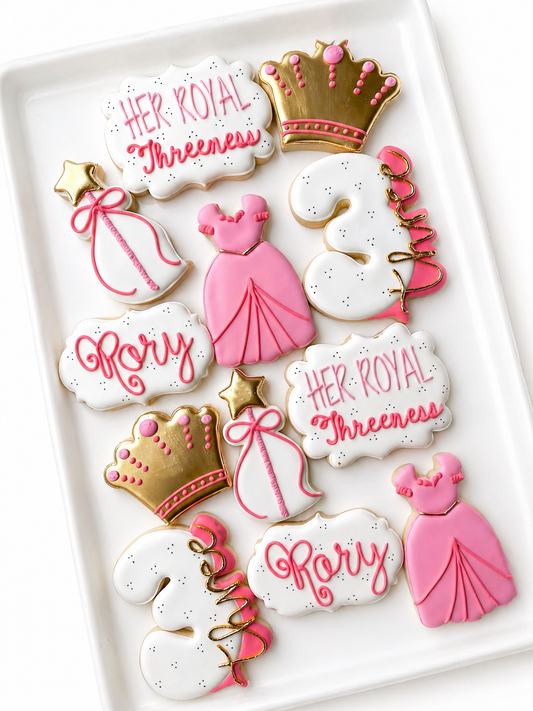 Royal Princess Birthday  Decorated Cookies crown tiara princess dress princess wand fairy godmother decorated cookies