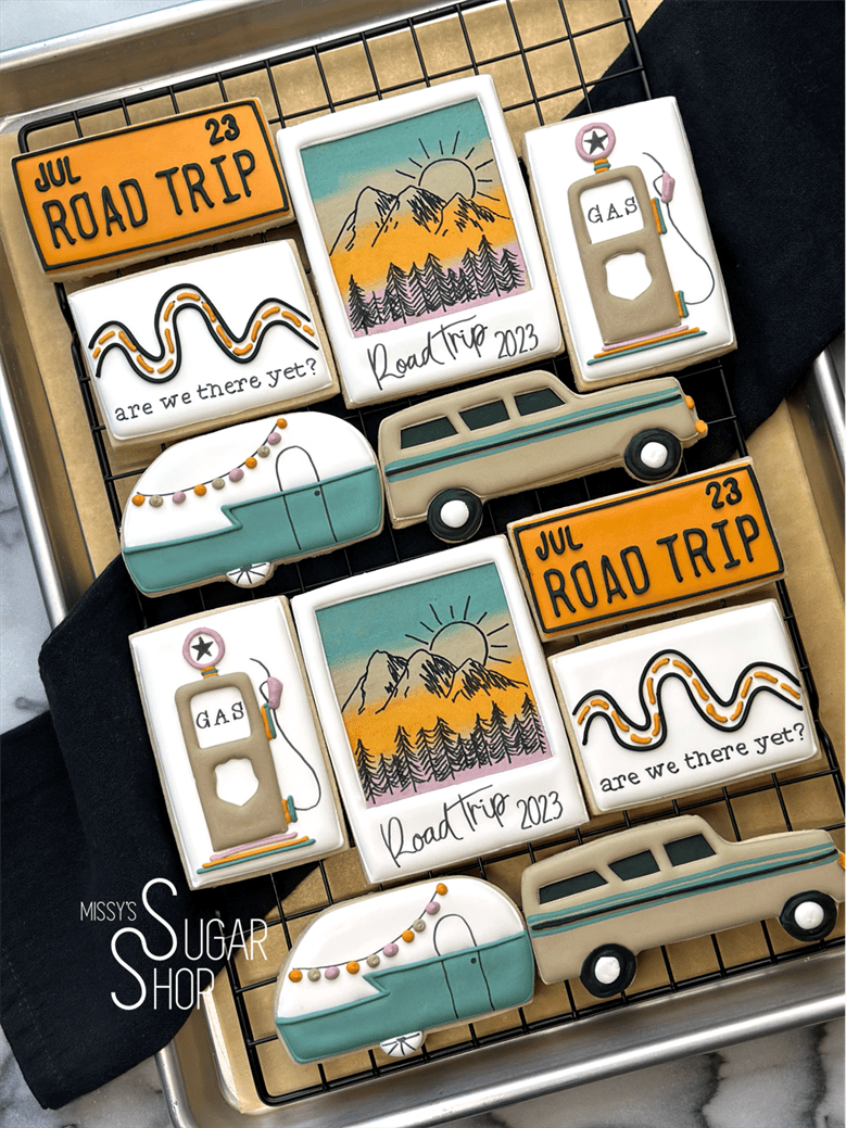 license plate, road trip, camper, station wagon, gas pump, polaroid, united states, summer vacation cookies, summer birthday cookies, camping cookies