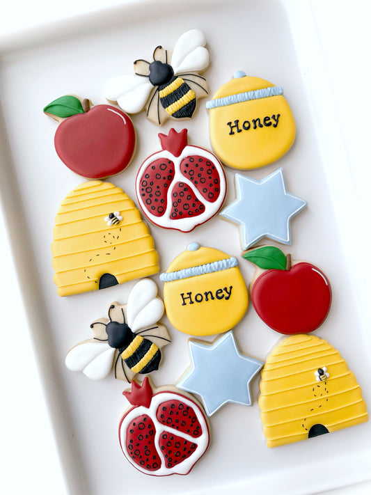 bee, beehive, star of david, and apple, rosh hashana cookies, happy new year, jewish holiday cookies
