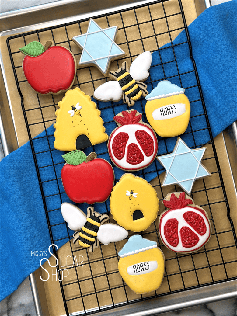 bee, beehive, star of david, and apple, rosh hashana cookies, happy new year, jewish holiday cookies