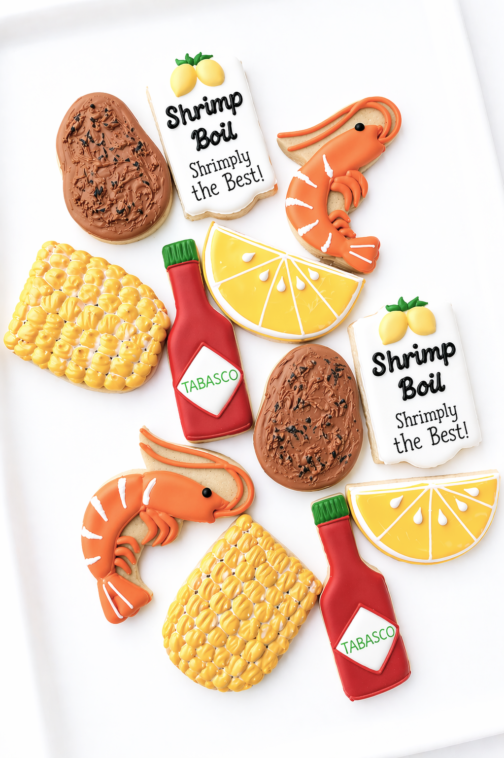 lobster, corn on the cob, lemon, potato, lobster boil, tabasco shrimp crawfish boil decorated cookies