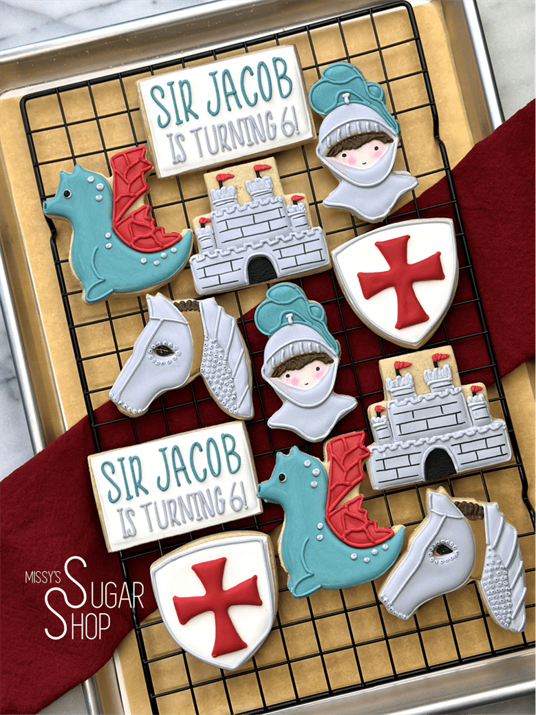 sir knight birthday cookies, dame knight birthday cookies, dragon, castle, medieval, knight shield horse with armor cookies, little slayer birthday cookies, knight in shining armor cookies