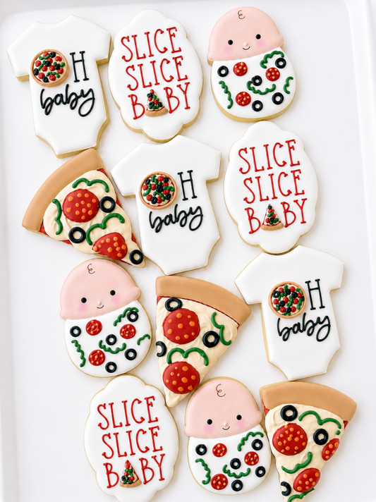 slice slice baby, oh baby cookies, swaddled baby, pizza cookies, pizza baby shower, pizza birthday cookies, pizza gifts, baby shower cookies