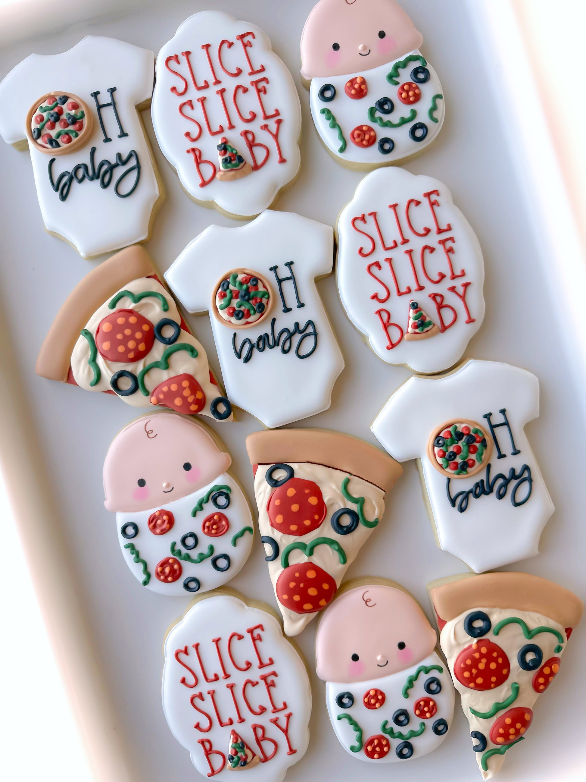 slice slice baby, oh baby cookies, swaddled baby, pizza cookies, pizza baby shower, pizza birthday cookies, pizza gifts, baby shower cookies