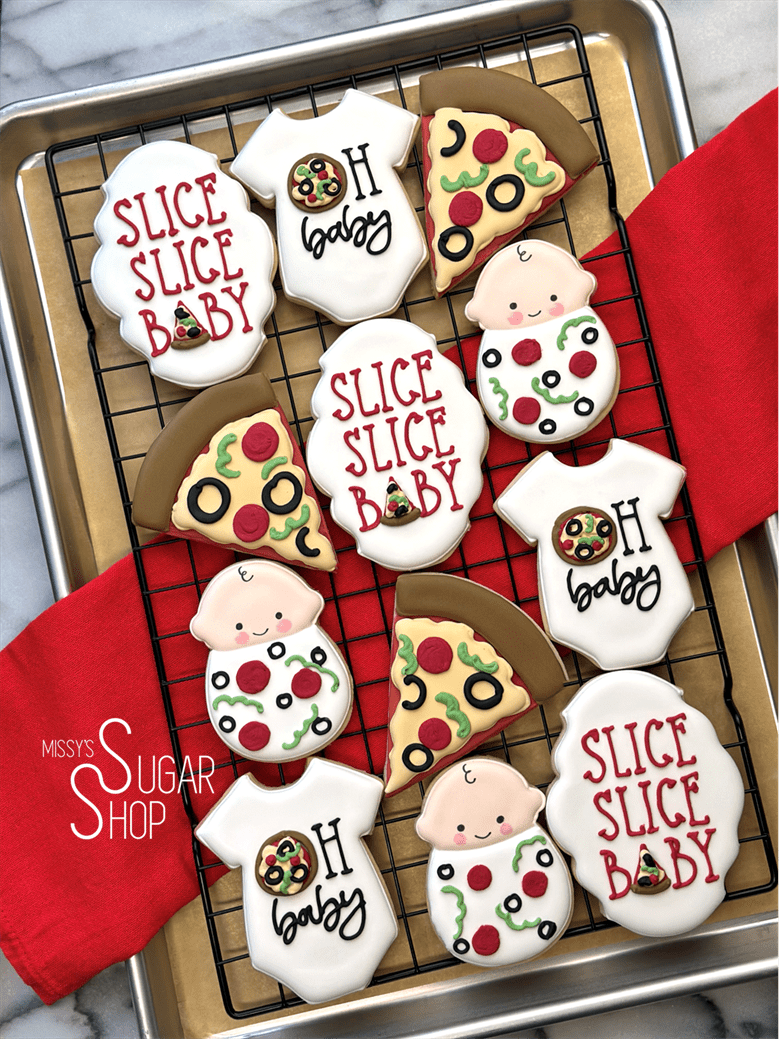 slice slice baby, oh baby cookies, swaddled baby, pizza cookies, pizza baby shower, pizza birthday cookies, pizza gifts, baby shower cookies