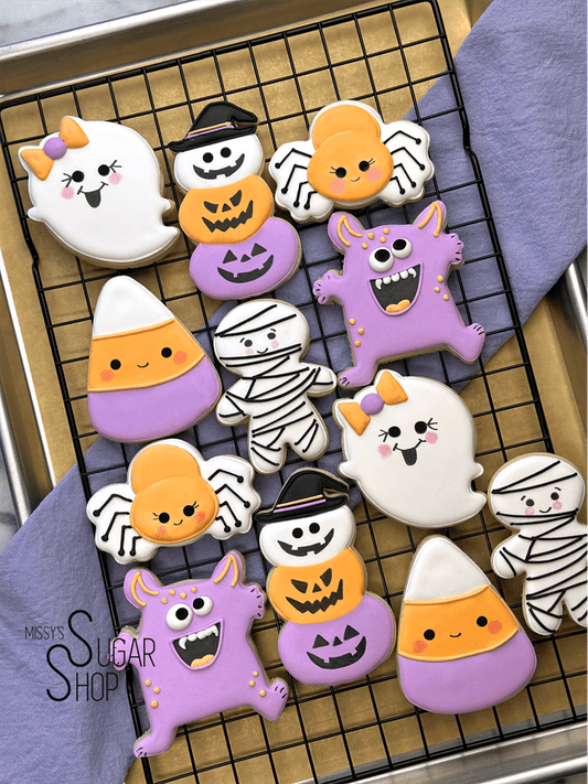 ghost with bow, pumpkin stack, candy corn, mummy, spider, monster costume, halloween party favors, cute halloween cookies