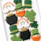 lucky, four-leaf clover, shamrock, leprechaun, green beer, and rainbow, pot of gold, happy st. patricks day cookies