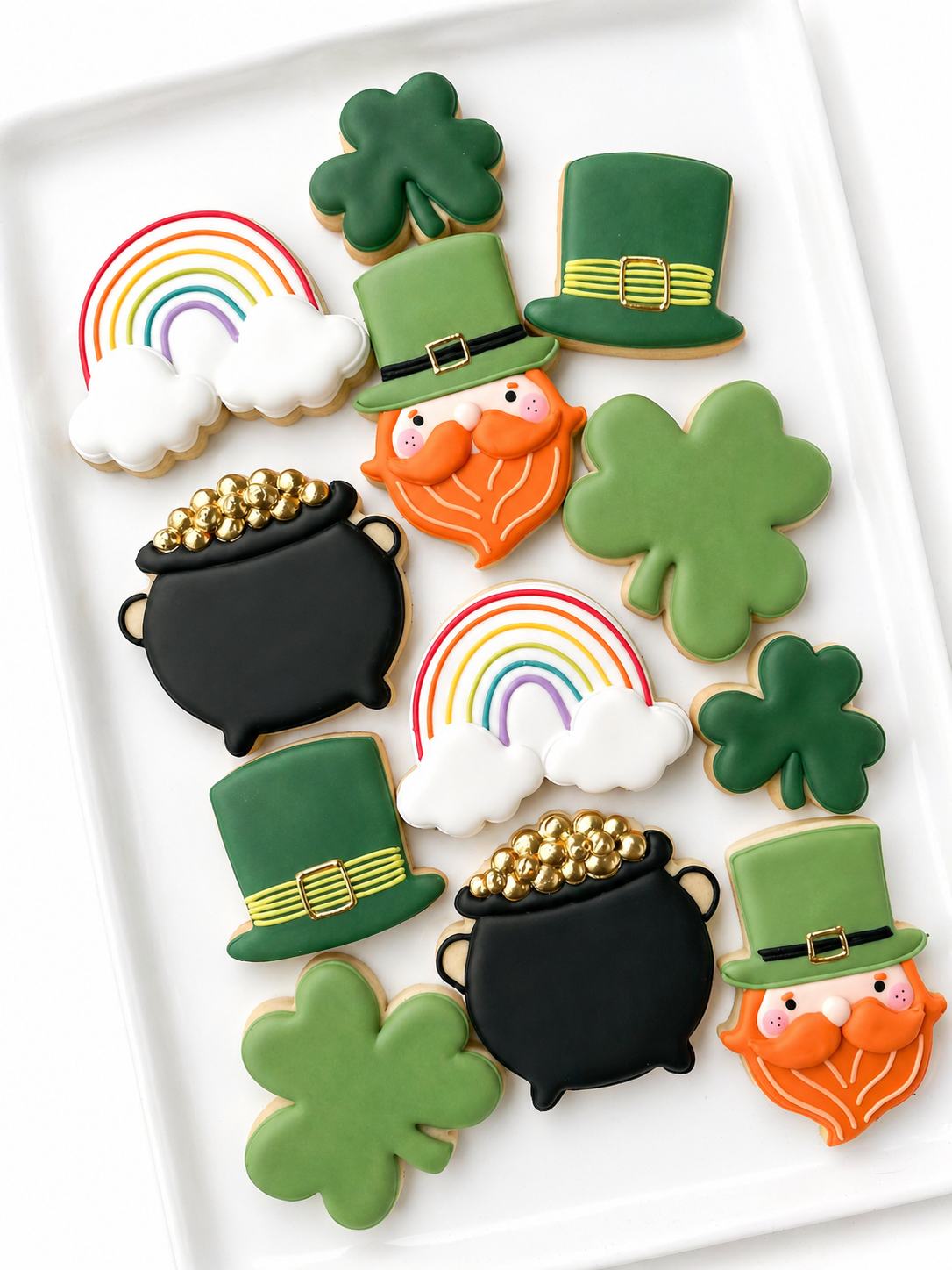 lucky, four-leaf clover, shamrock, leprechaun, green beer, and rainbow, pot of gold, happy st. patricks day cookies