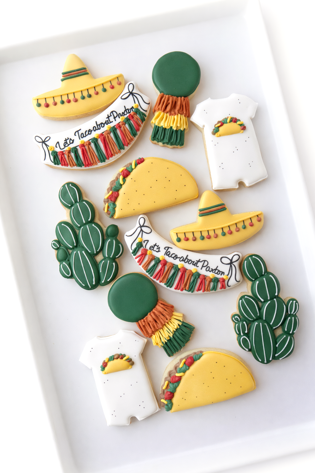 taco, sombrero, cactus, onesie, taco bout a baby, banner, let's taco about a baby shower cookies