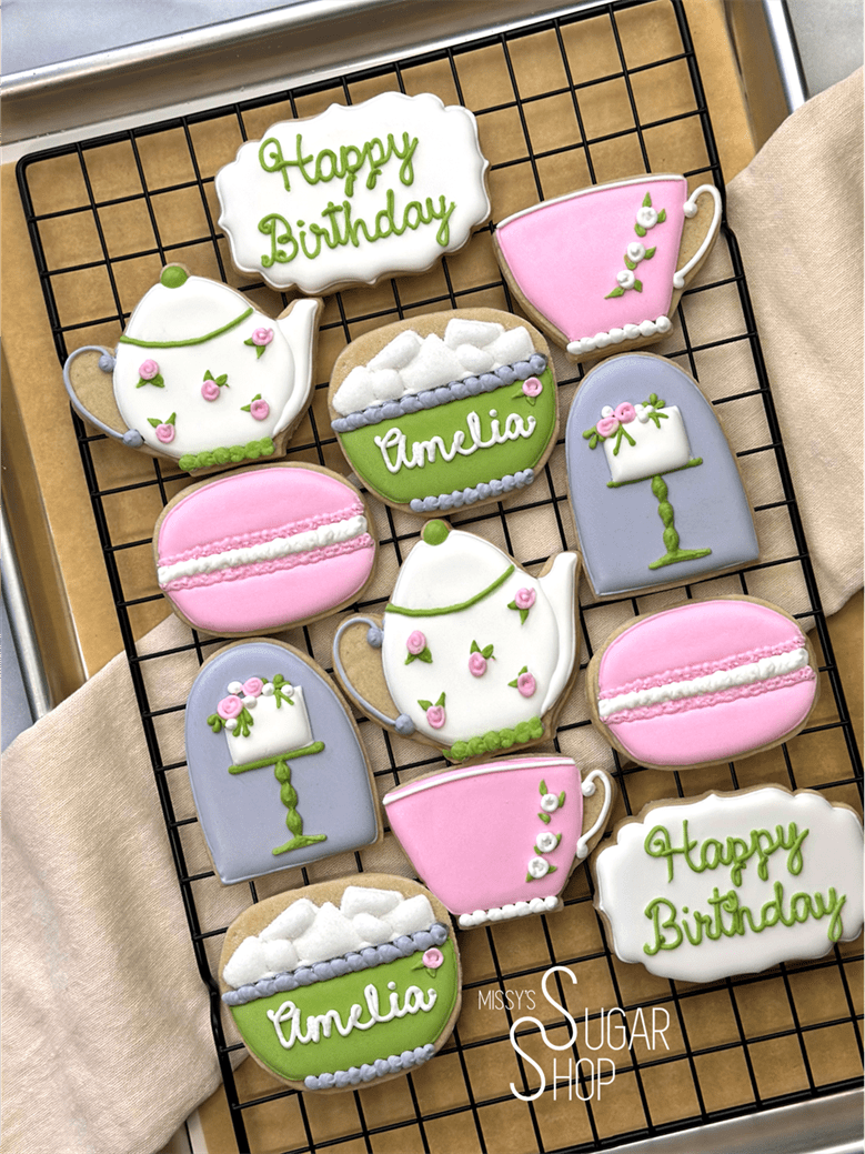 Teapot with flowers, teacup with flowers, sugar bowl with sugar cubes birthday, macaron cookies