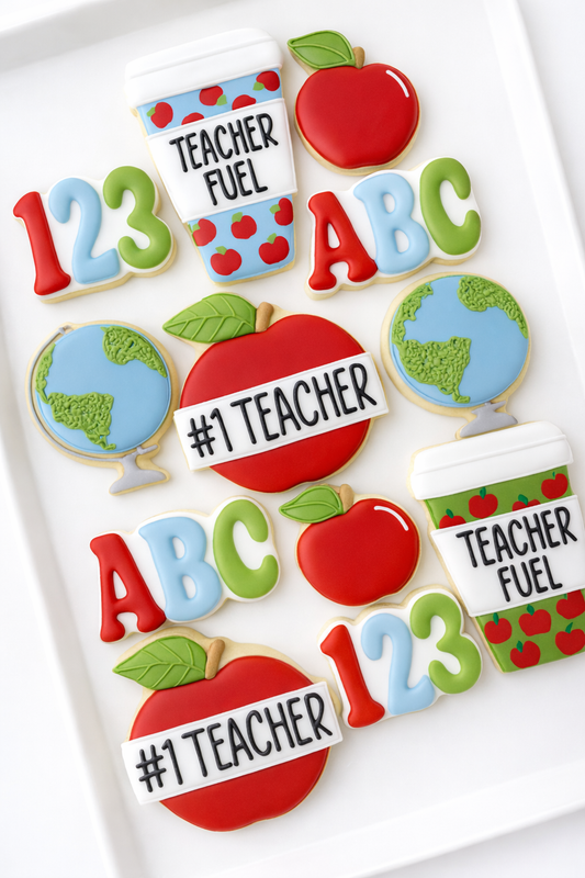 teacher appreciation cookie, #1 teacher, thank you, pencils, hearts, pencils, teacher thank you cookies