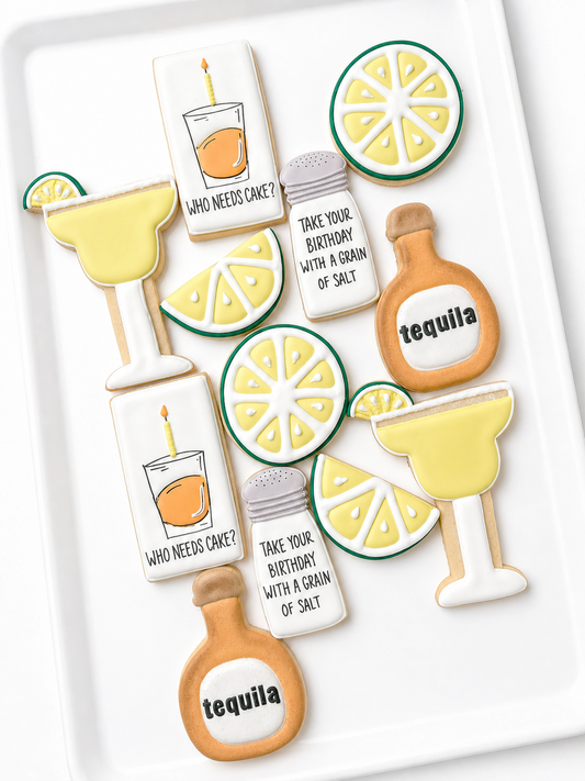 tequila, margarita, lime wedges, tequila shots, tequila birthday, birthday cookies decorated birthday cookies