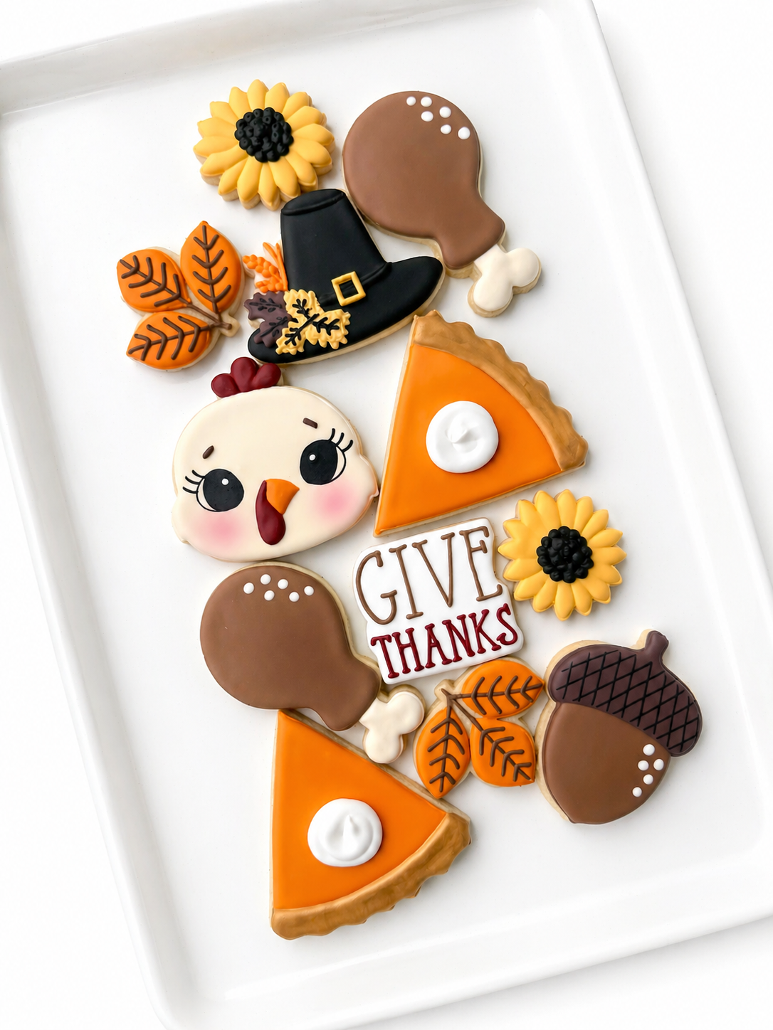 Maple leaf, turkey, fall foliage, pumpkin, give thanks DECORATED THANKSGIVING DINNER COOKIES