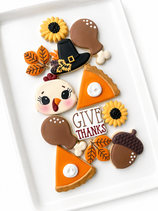 Maple leaf, turkey, fall foliage, pumpkin, give thanks DECORATED THANKSGIVING DINNER COOKIES