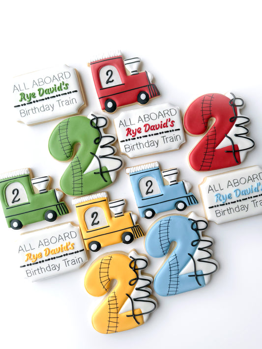 chugga chugga two two, train engine, 2nd birthday, railroad crossing, train birthday cookies, train ticket, choo choo cookies