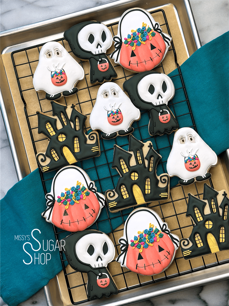 trick or treaters, trick or treat, ghost, pumpkin head girl, grim reaper, haunted house, halloween cookie and treats