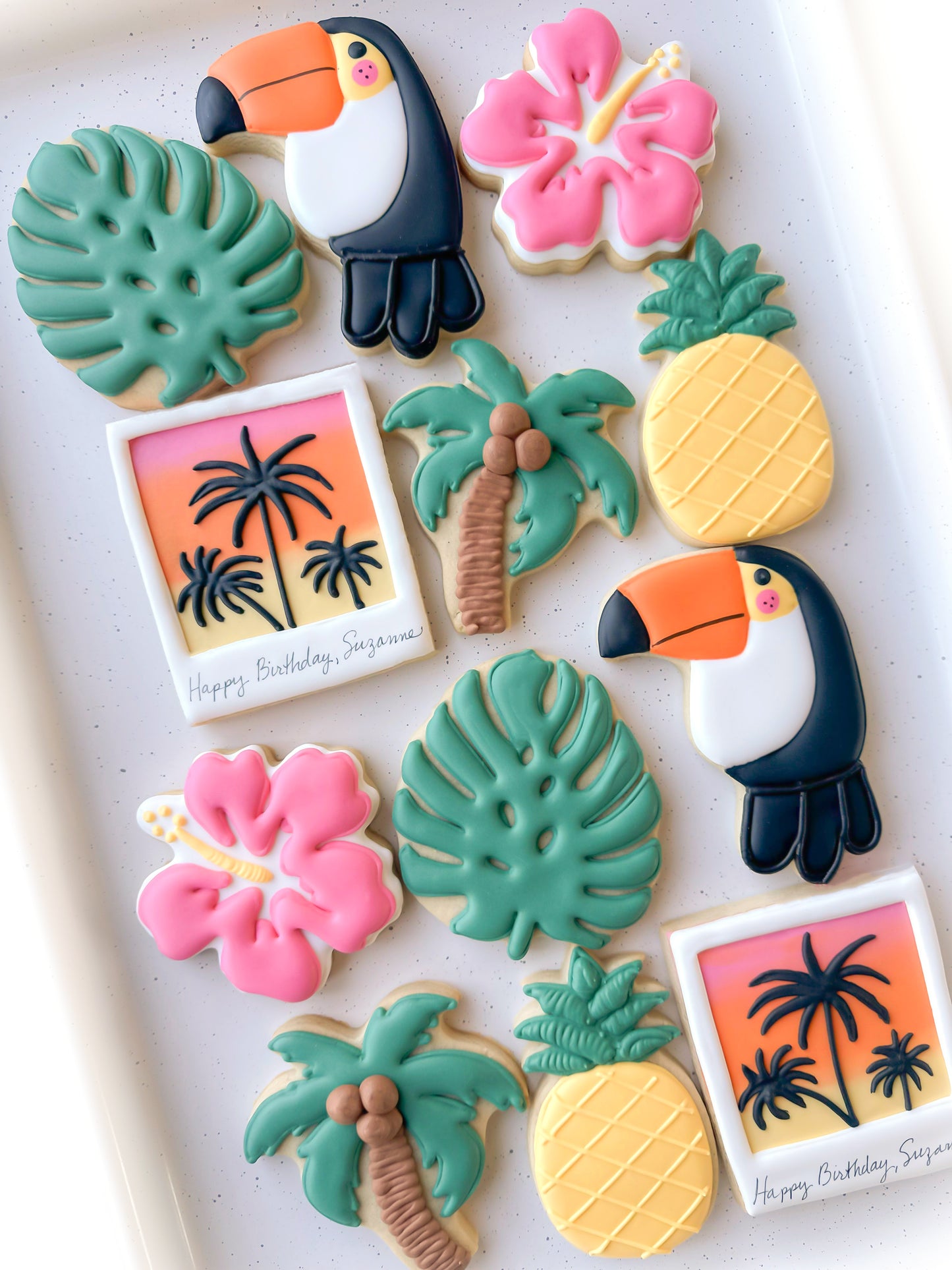 starfish, conch shell, sand dollar, happy birthday cookies, tropical vacation birthday cookies, polaroid tropical vacation photo, swimsuit cookies