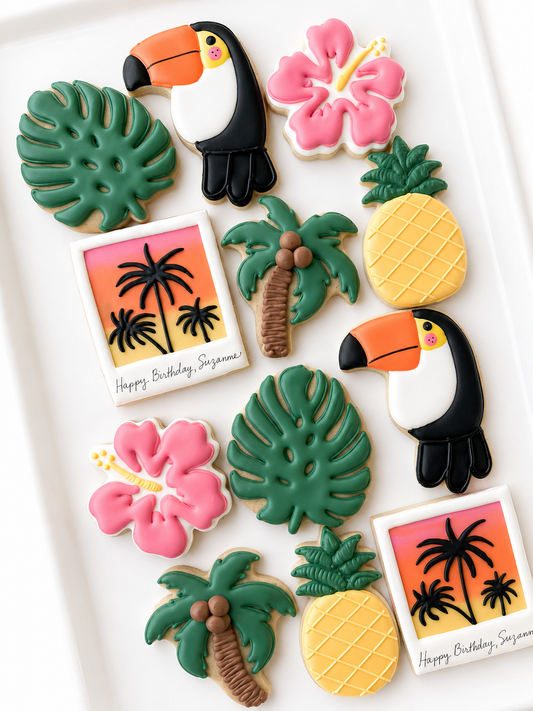 starfish, conch shell, sand dollar, happy birthday cookies, tropical vacation birthday cookies, polaroid tropical vacation photo, swimsuit cookies