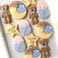 sweet dreams teddy bear, crescent moon, sleepy cloud, swaddled baby, gold star, twinkle twinkle little star baby shower cookies