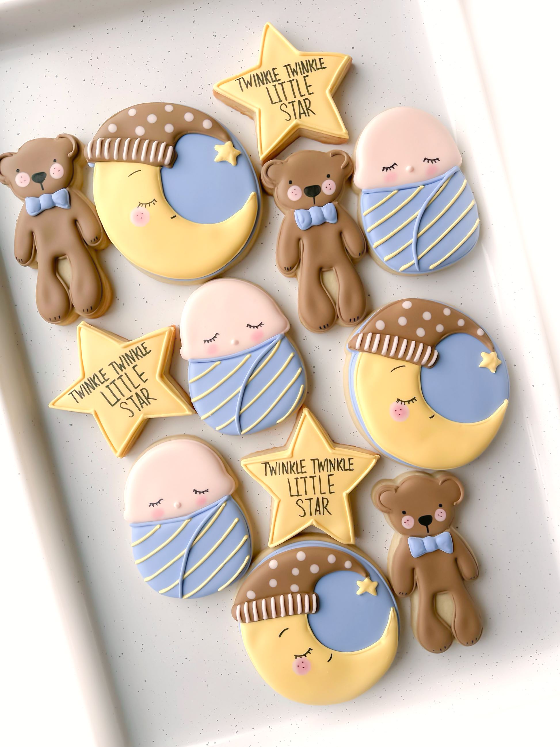 sweet dreams teddy bear, crescent moon, sleepy cloud, swaddled baby, gold star, twinkle twinkle little star baby shower cookies