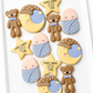 sweet dreams teddy bear, crescent moon, sleepy cloud, swaddled baby, gold star, twinkle twinkle little star baby shower cookies