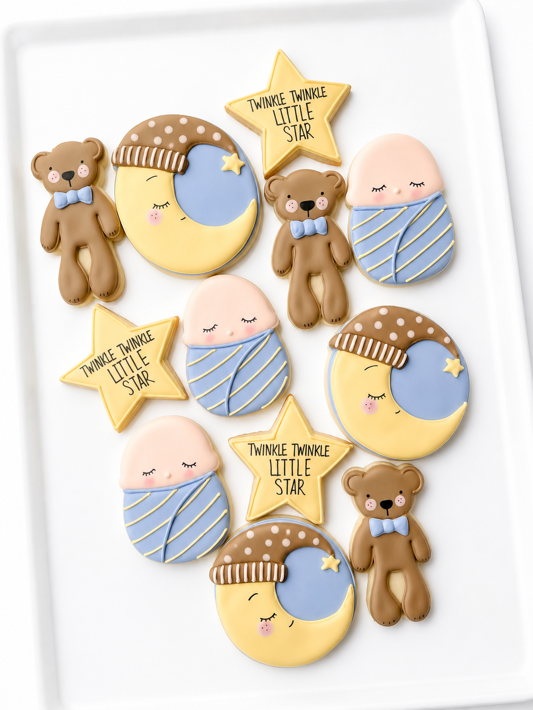 sweet dreams teddy bear, crescent moon, sleepy cloud, swaddled baby, gold star, twinkle twinkle little star baby shower cookies