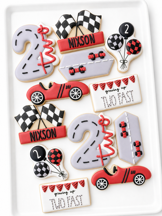 Racecar flags, two fast birthday cookies, racecar cookies, 2nd birthday, two fast birthday, birthday balloon bunch, racecar birthday theme