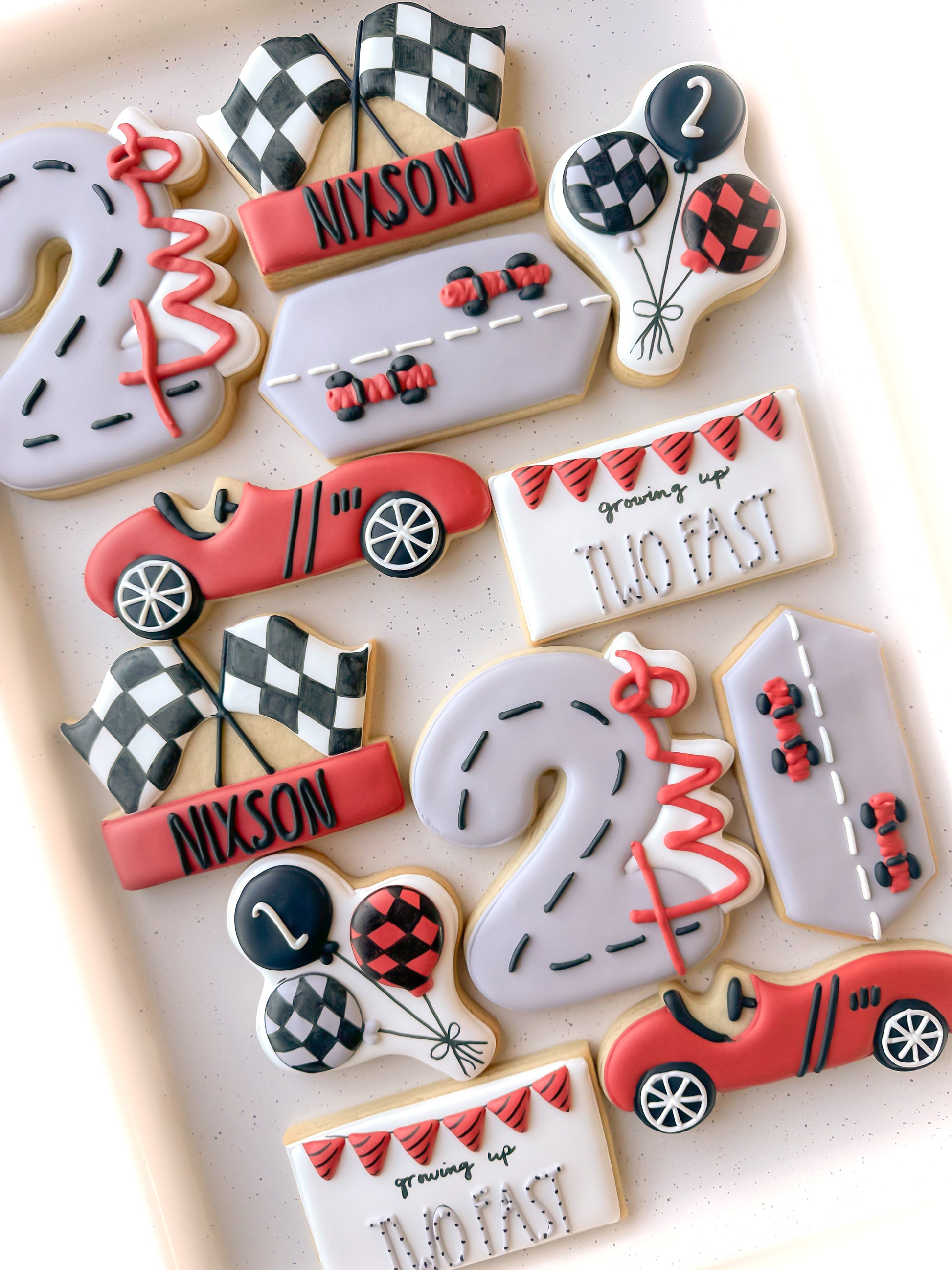 Racecar flags, two fast birthday cookies, racecar cookies, 2nd birthday, two fast birthday, birthday balloon bunch, racecar birthday theme