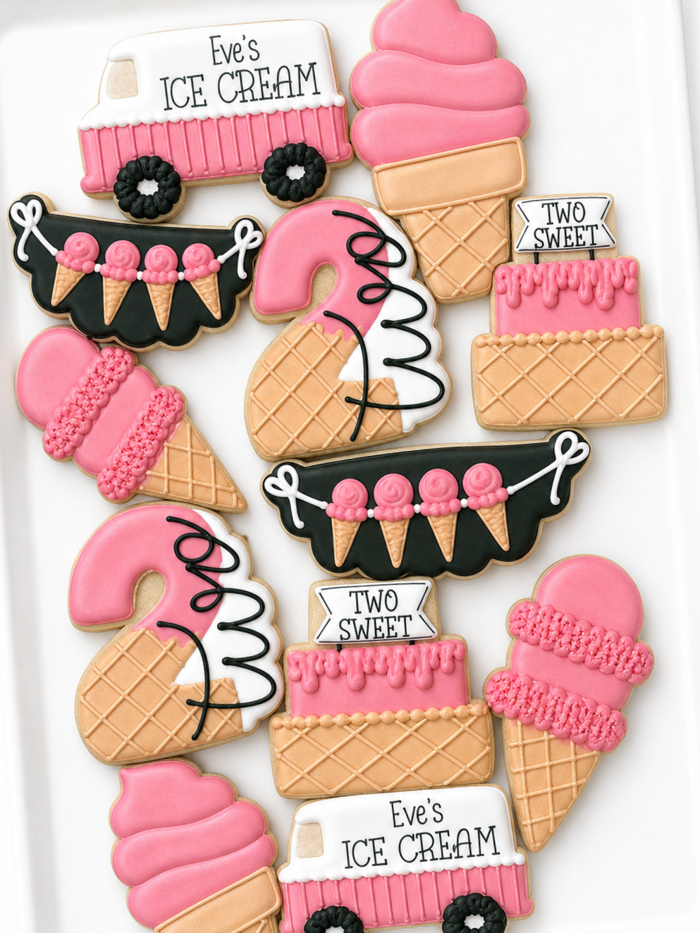 two sweet birthday, Flag banner with ice cream cone, strawberry ice cream cone, two scoops birthday cookie, soft serve ice cream cone, #2, and ice cream truck, balloon arch decorated birthday cookies