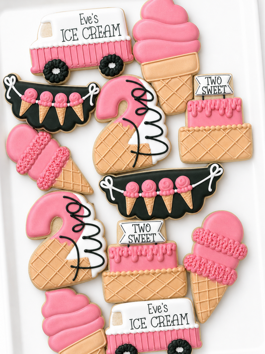 two sweet birthday, Flag banner with ice cream cone, strawberry ice cream cone, two scoops birthday cookie, soft serve ice cream cone, #2, and ice cream truck, balloon arch decorated birthday cookies