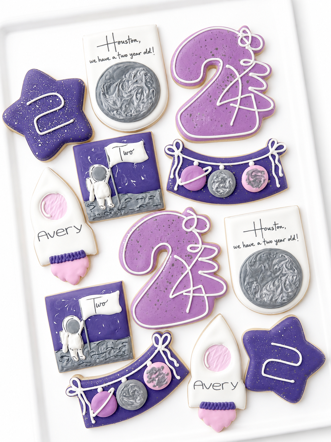 two the moon, 2nd birthday, rocket, astronaut, moon cookies, star cookies, houston, we have a two year old, moon balloon, space and planet banner cookies, second birthday space theme cookies