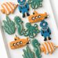 octopus, seaweed,  coral reef, shark, crab, sea turtle, under the sea birthday cookies submarine deep sea diver cookies
