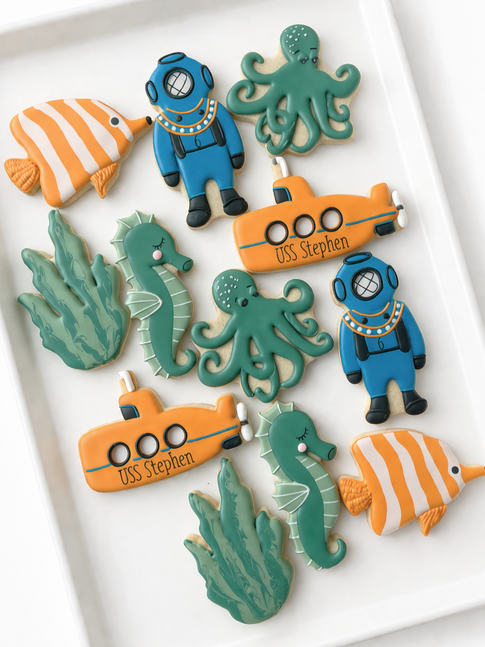 octopus, seaweed,  coral reef, shark, crab, sea turtle, under the sea birthday cookies submarine deep sea diver cookies