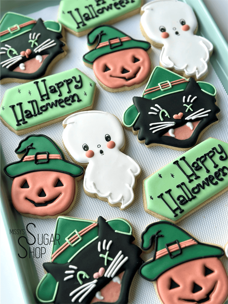 vintage halloween, ghost, owl, witch, pumpkin with witch hat, black cat with witch hat, vintage halloween cookies