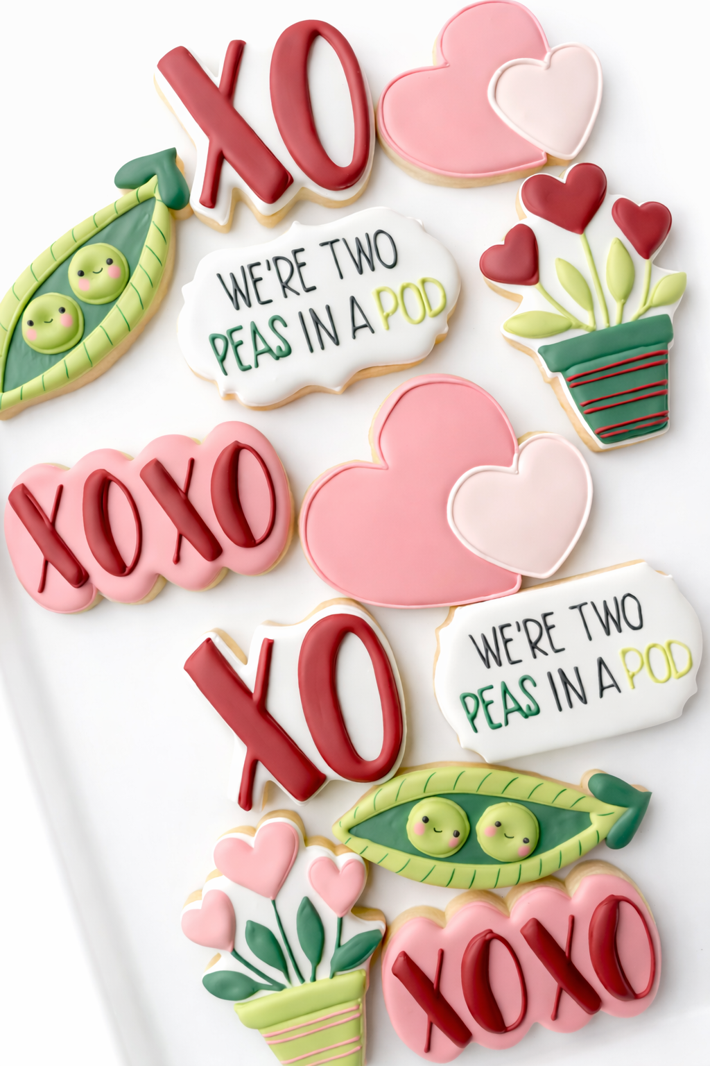 We're Two Peas in a Pod decorated valentine cookies